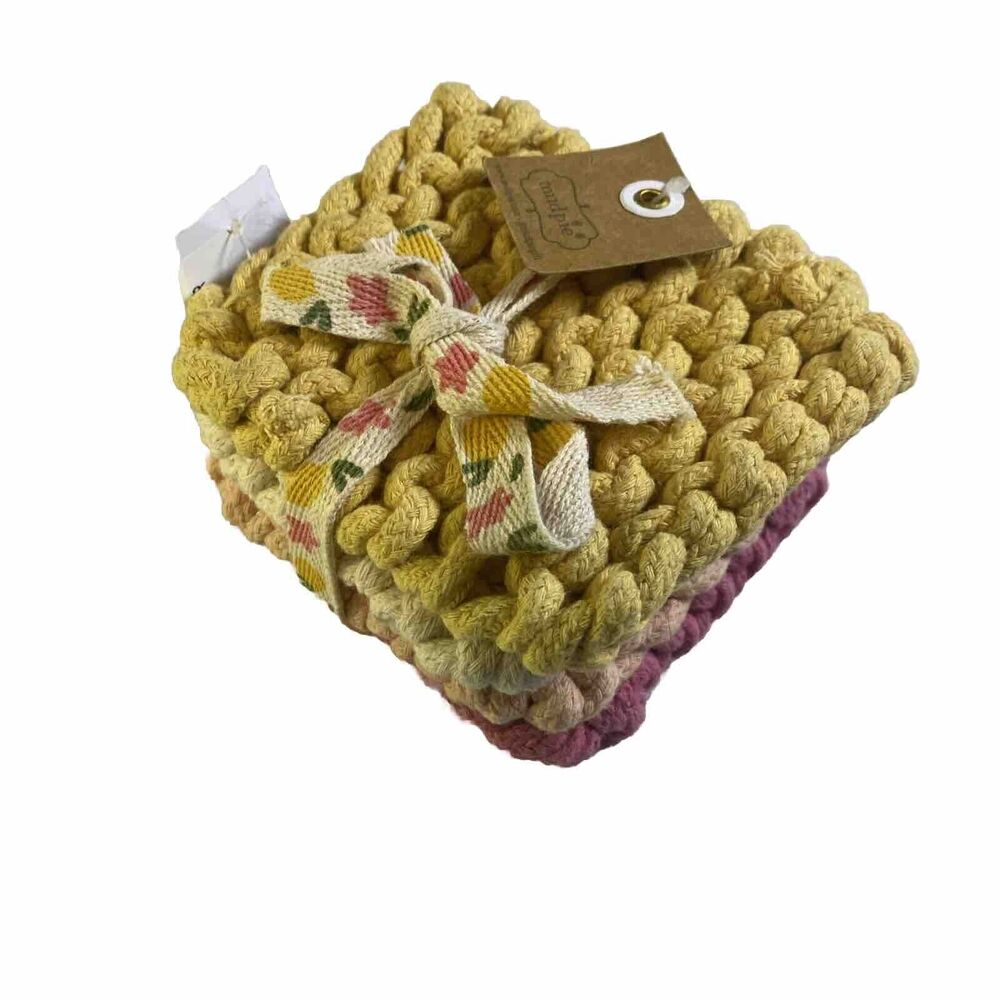 Mud Pie Colorful Crochet Coaster, Pink, 4" Multi Colored Set Of 4 Yellow New